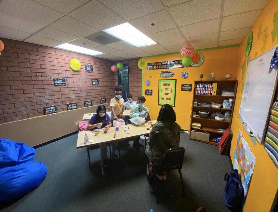 Phoenix, AZ - Students participate in in-person learning at Kingdom Impact Global Worship Center as part of a microschool partnership with Sequoia Charter School.
